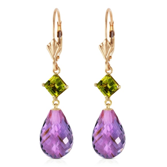GOLD LEVER BACK EARRING WITH PERIDOTS & AMETHYSTS - Picture 2 of 5